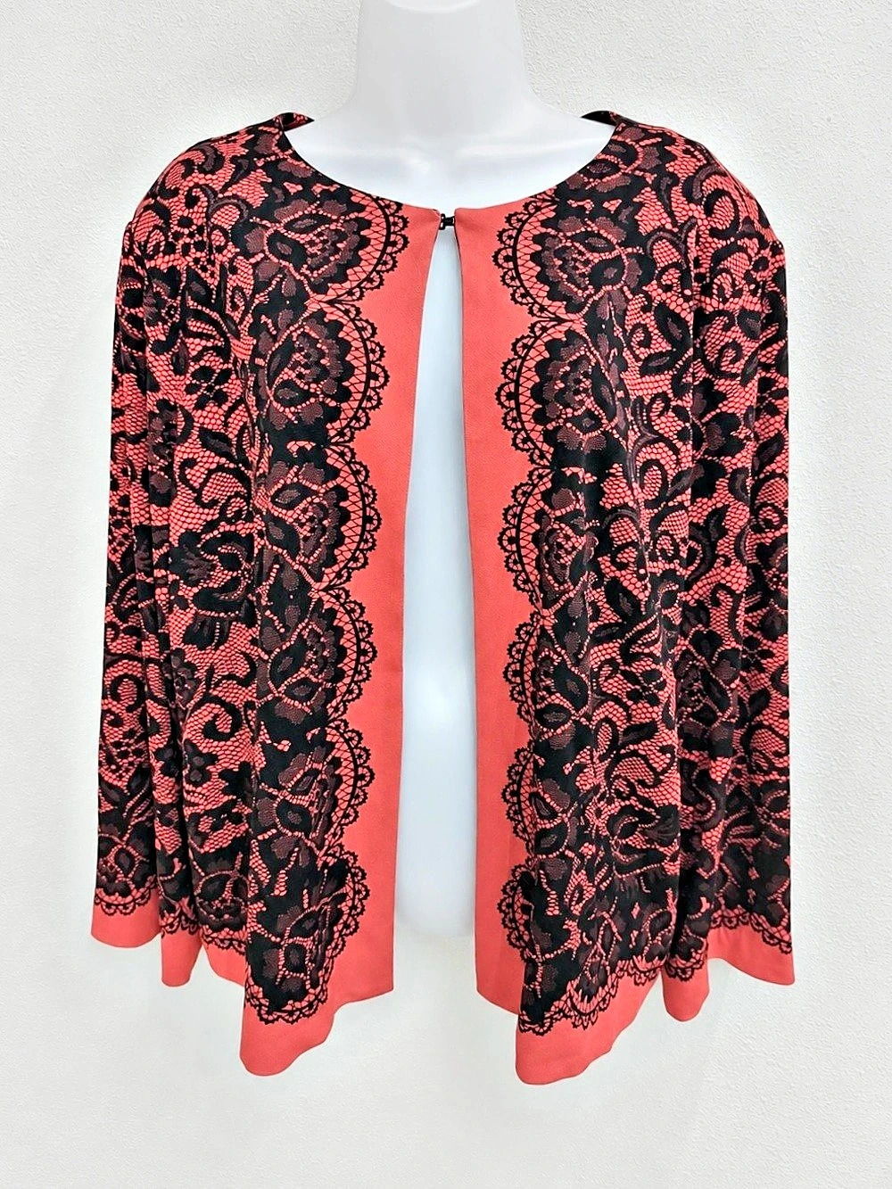 Bob Mackie Wearable Art XL Coral Black Lace Print Open Front Jacket